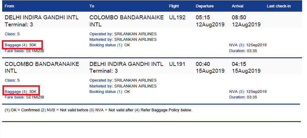 srilankan airlines check in baggage size